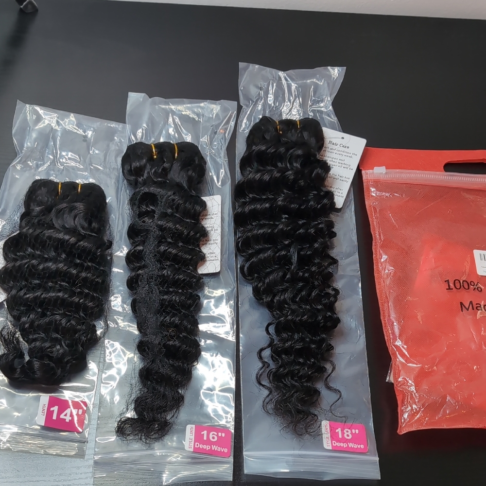 Deep Wave Human Hair Extensions Bundles Natural Black (14", 16", 18") 12A Weave